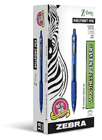 PENS, BALLPOINT, RETRACTABLE, ZEBRA Z-GRIP, MEDIUM POINT, 1.0MM, BLUE INK, 12/CT MAIN